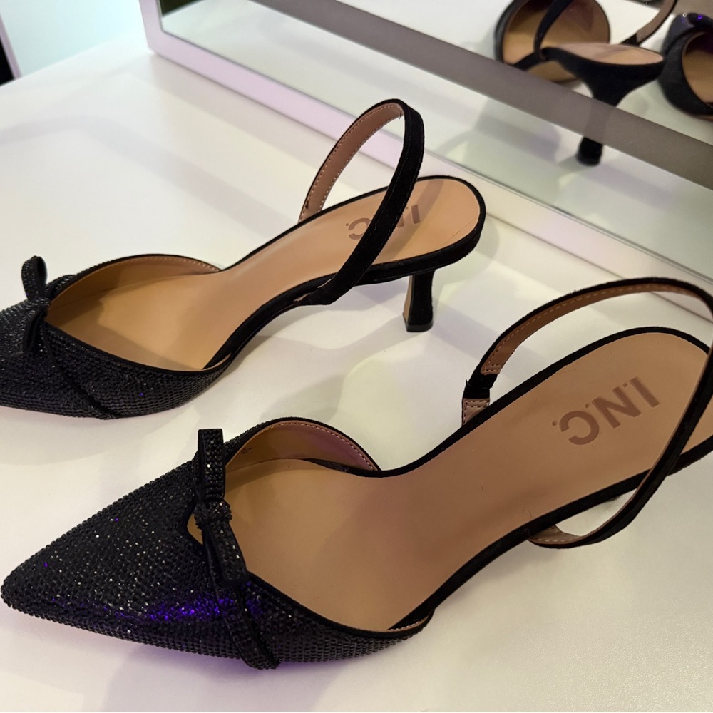 INC International Concepts Black Glitter Pointed Slingback Kitten Heels